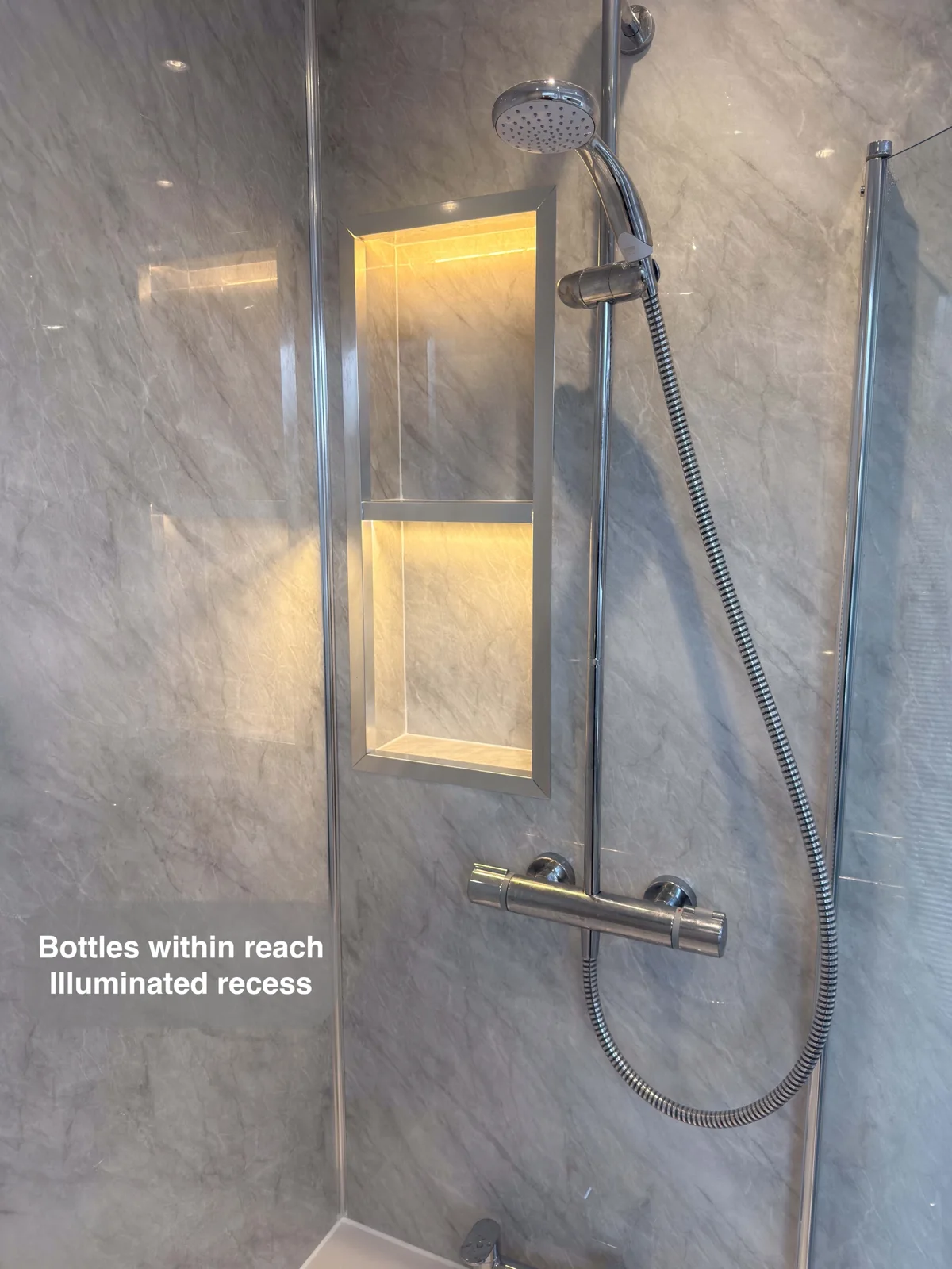 Aberdeen bathroom: shower detail tall illuminated recess