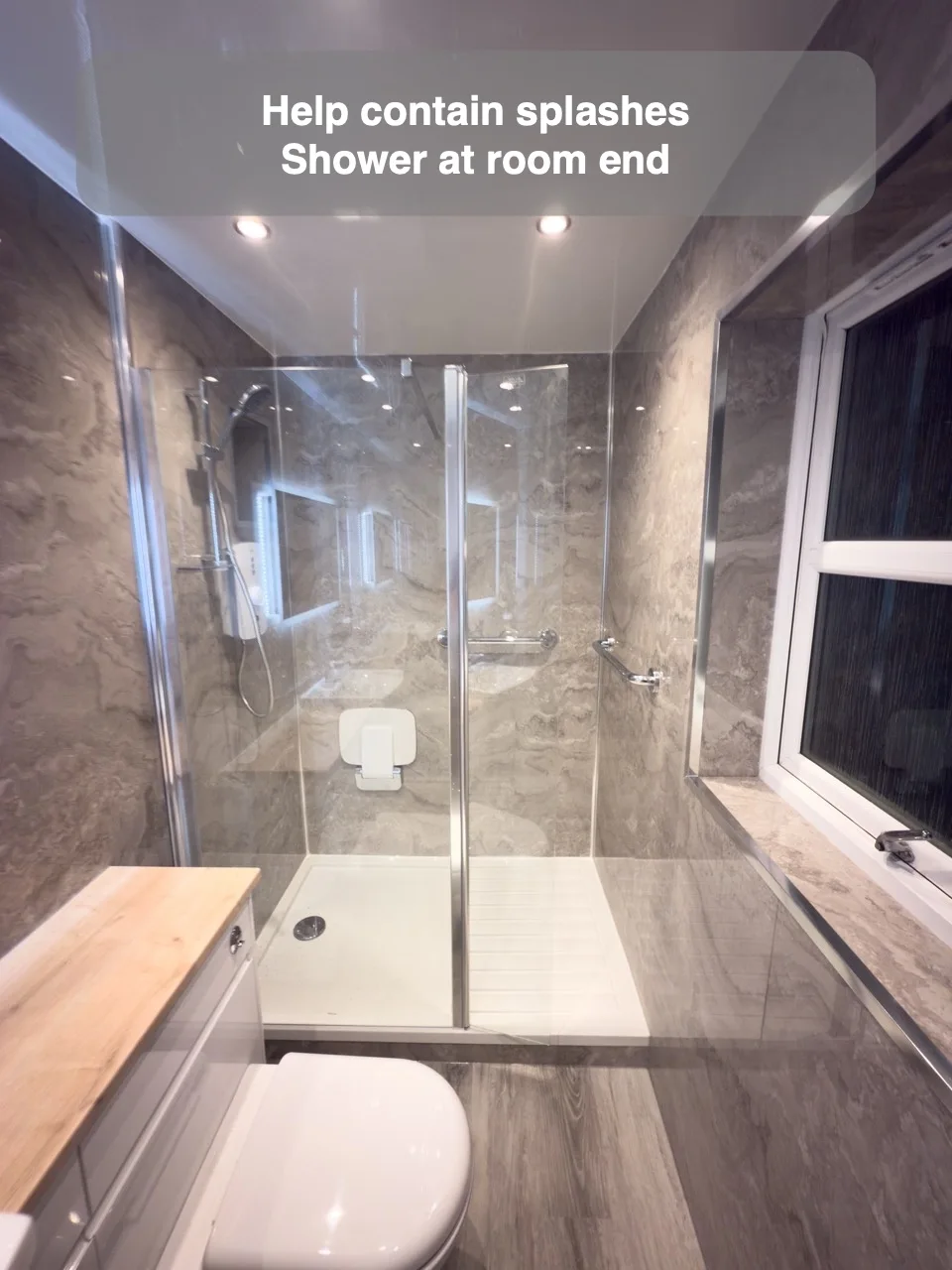 Help contain splashes — Shower at room end