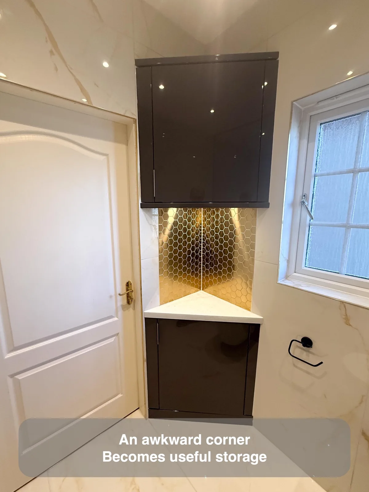 Turn a corner between a door and window into cupboard storage — completed bathroom project with benefit callouts