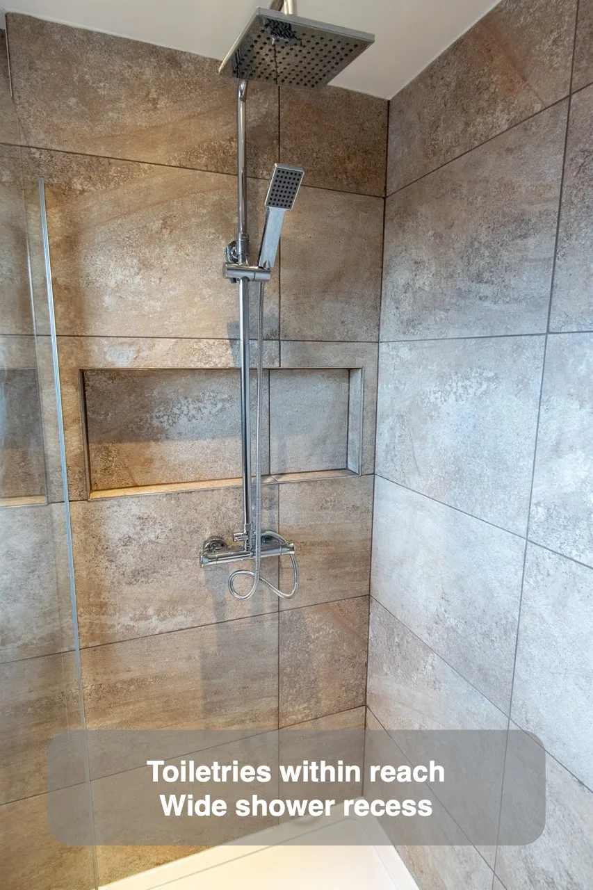 Toiletries within reach — Wide shower recess