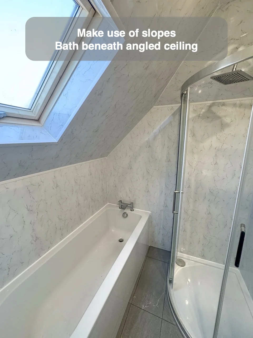 Make use of slopes — Bath beneath angled ceiling