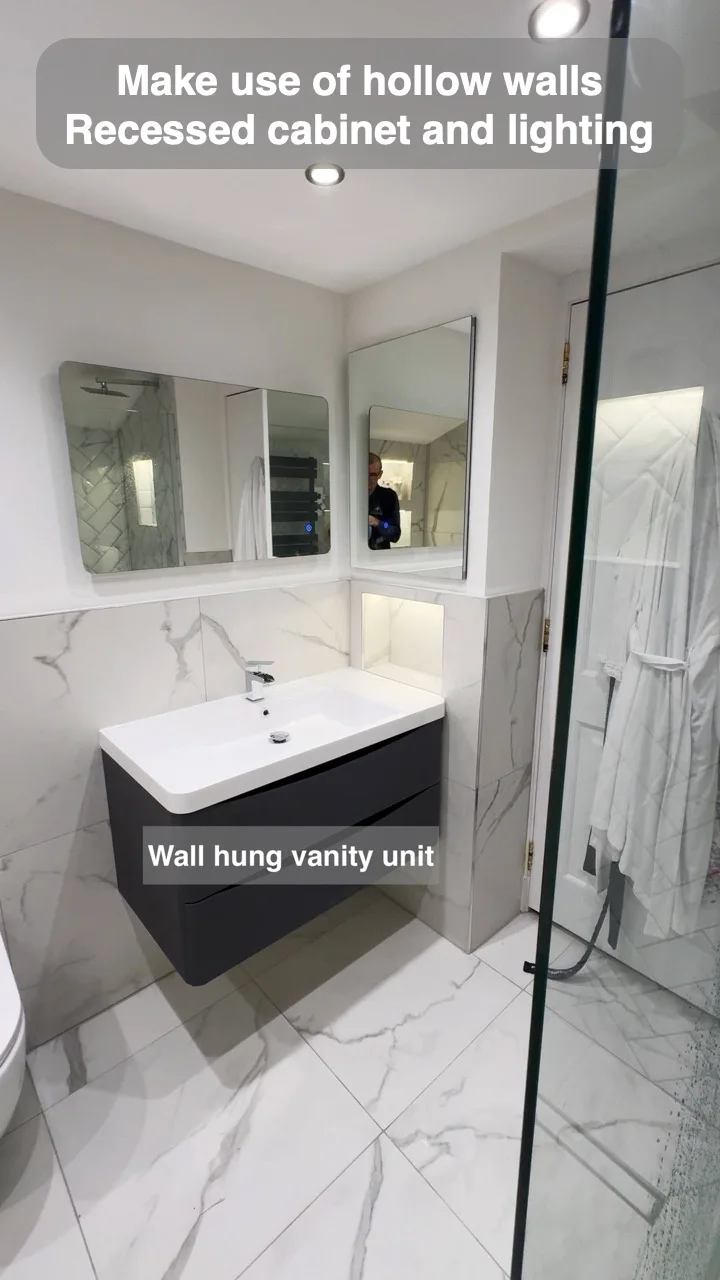 Make use of hollow walls — Recessed cabinet and lighting