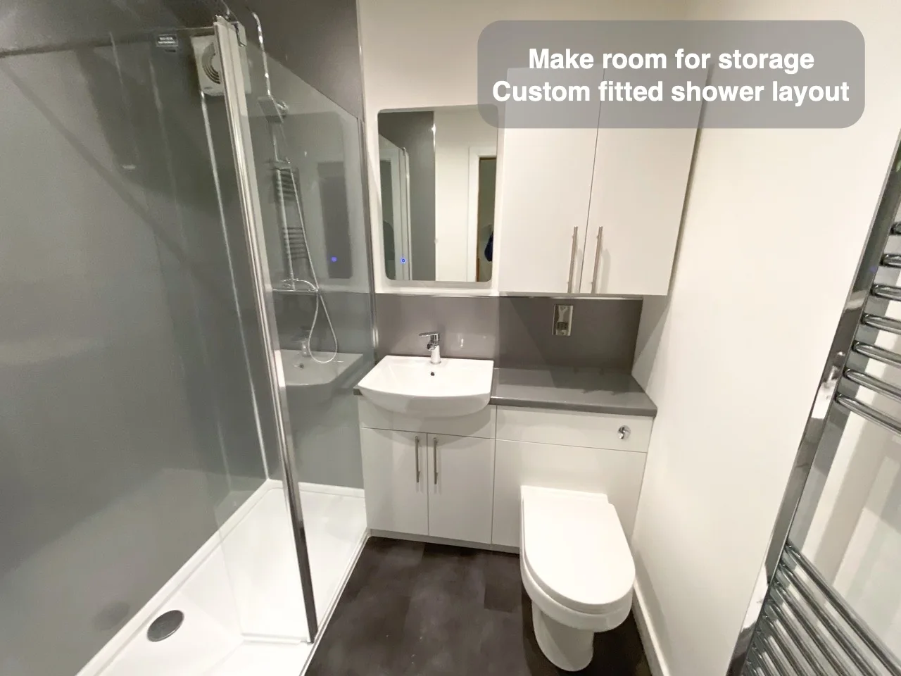 Make room for storage — Custom fitted shower layout