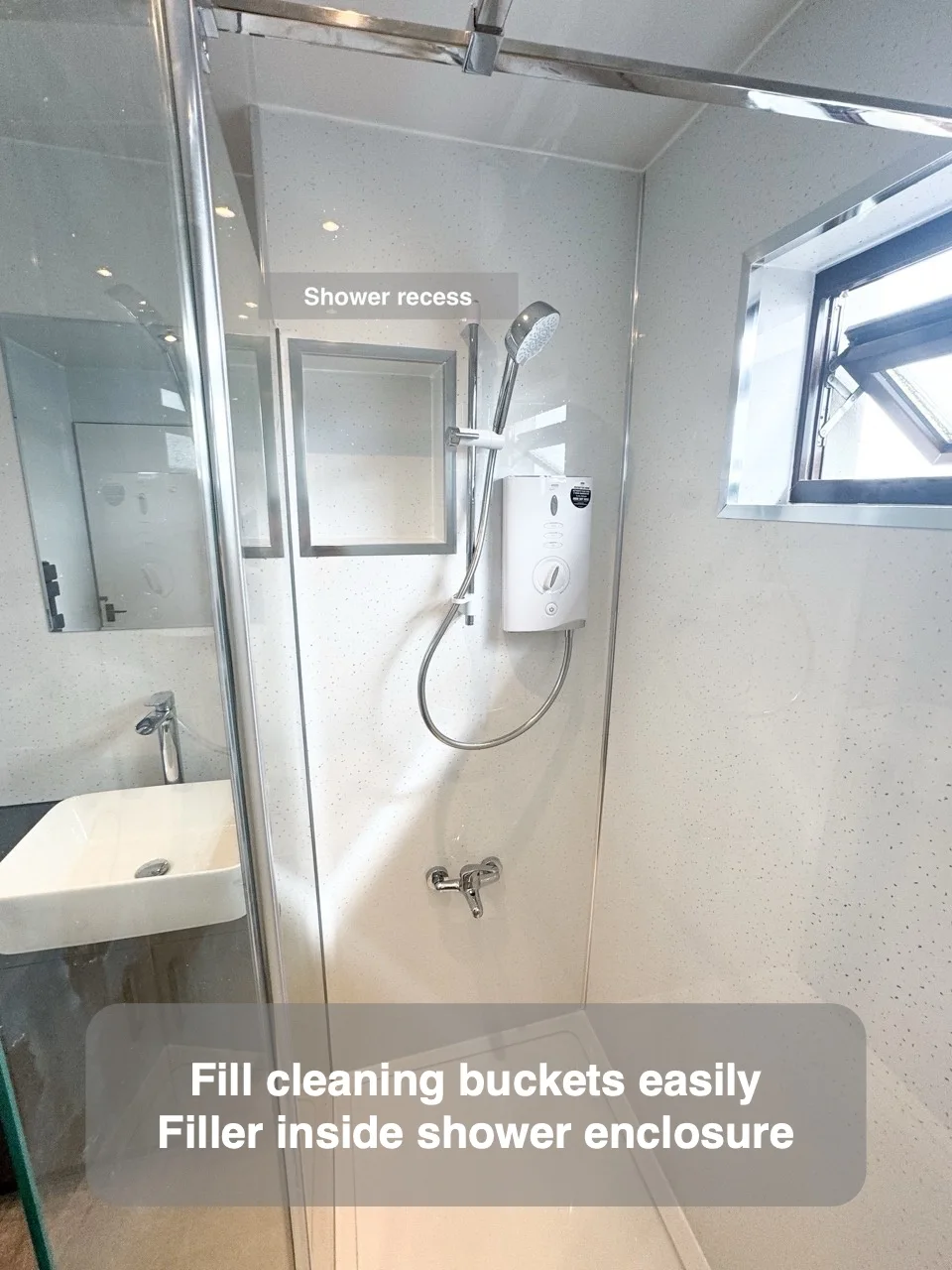 Fill cleaning buckets easily — Filler inside shower enclosure