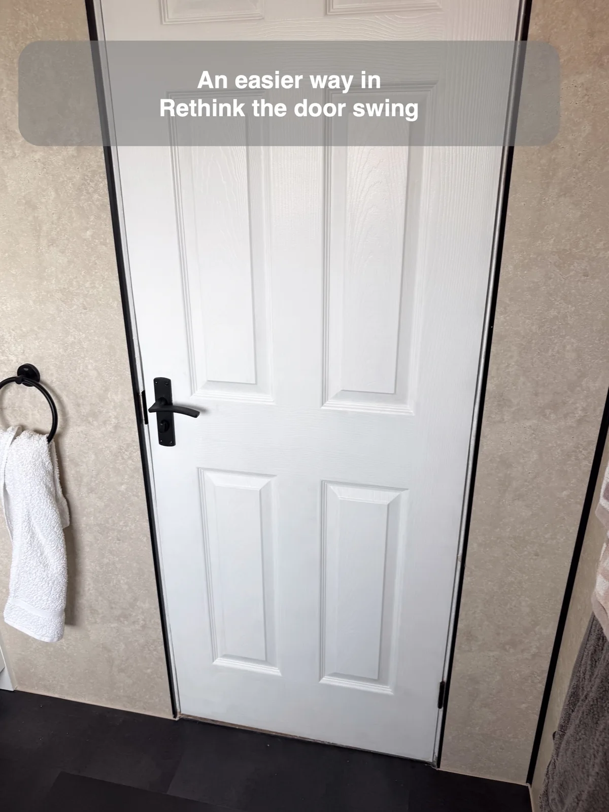 An easier entrance can start with the door swing — completed bathroom project with benefit callouts