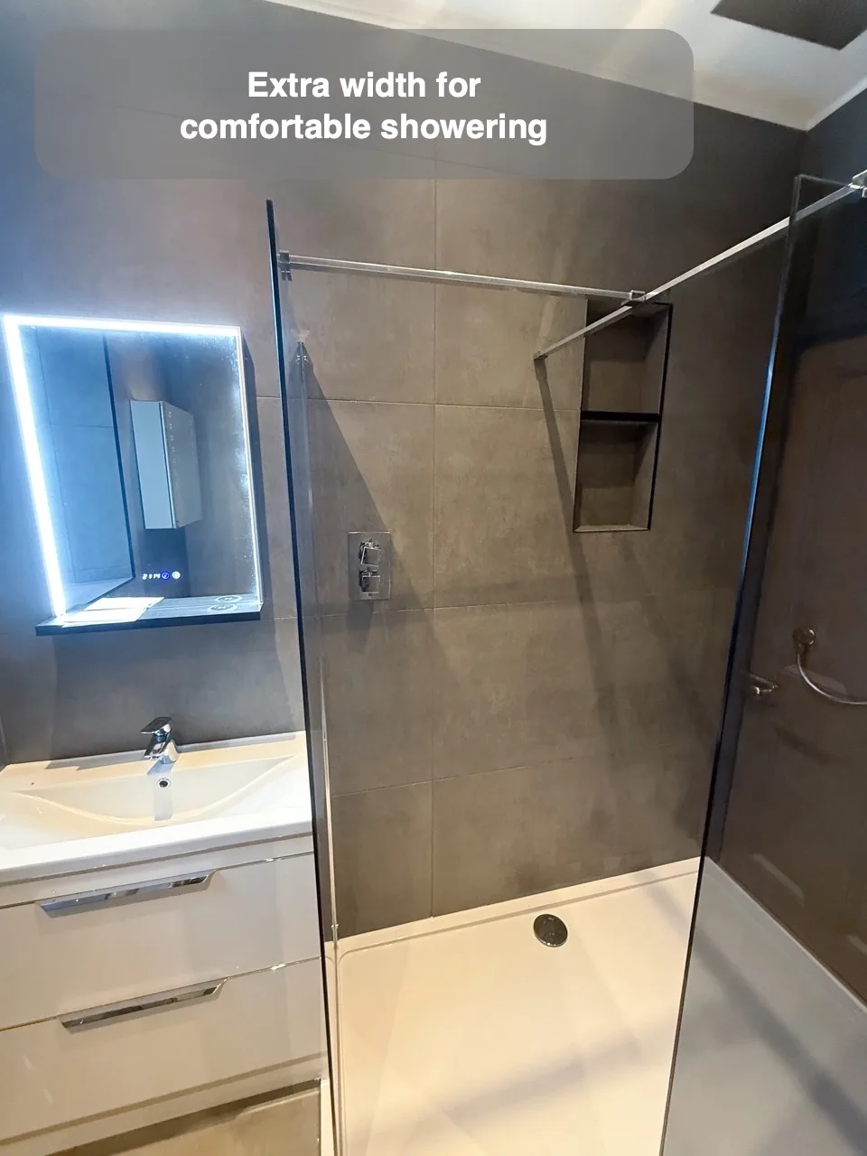 A wider shower can work better than a longer one