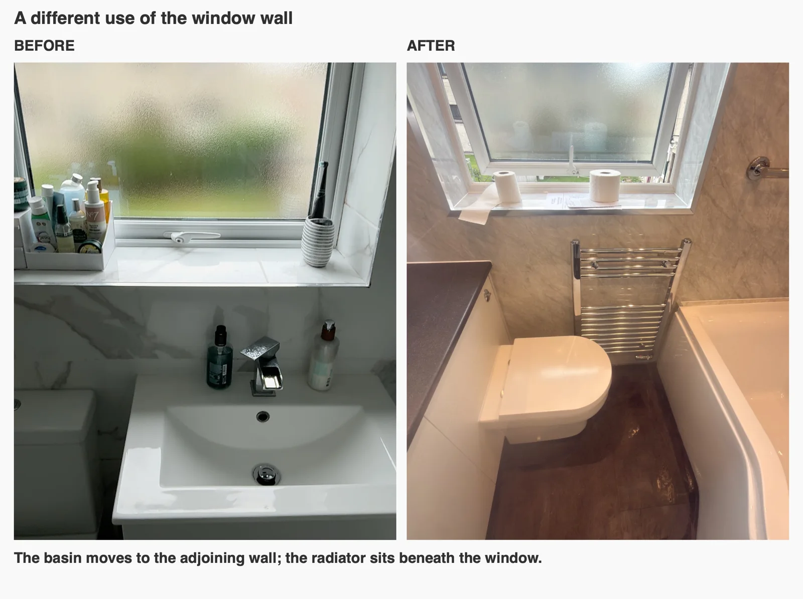 Aberdeen bathroom: before and after window wall layout