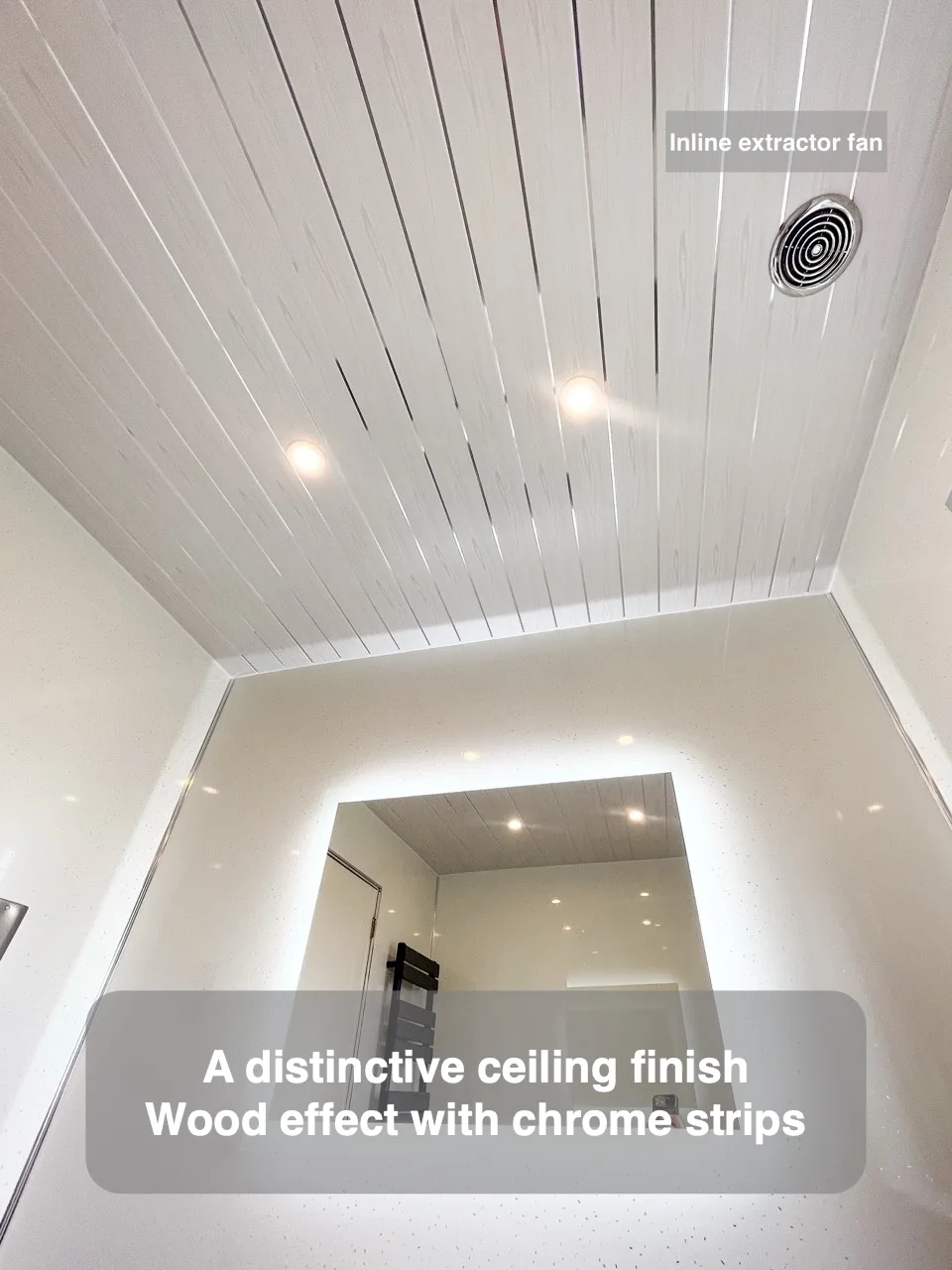 A distinctive ceiling finish — Wood effect with chrome strips