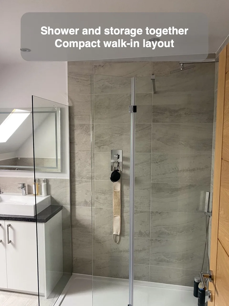 Shower and storage together — Compact walk-in layout