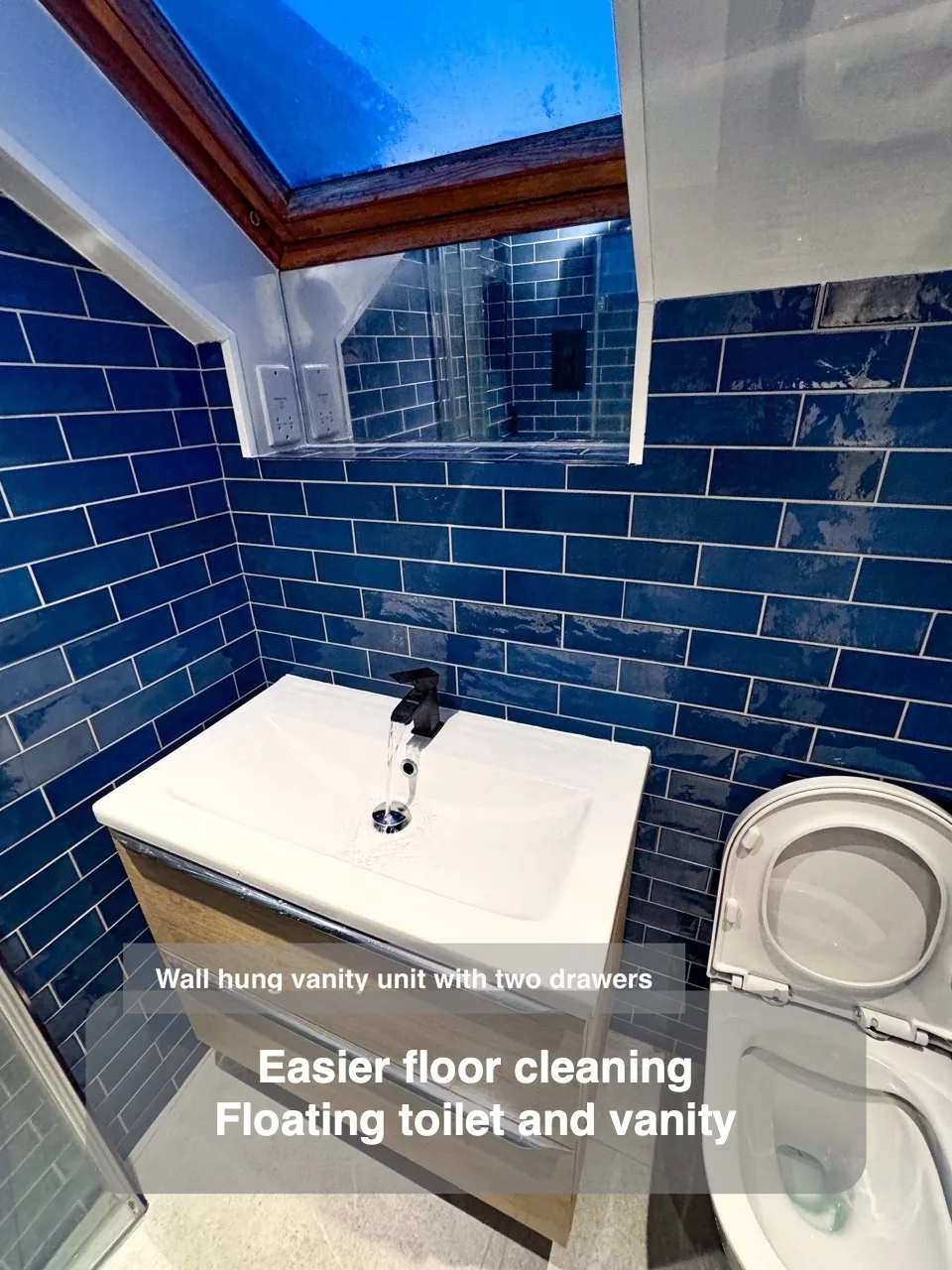 Easier floor cleaning — Floating toilet and vanity