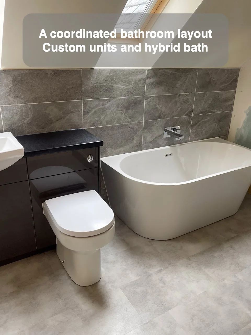 A coordinated bathroom layout — Custom units and hybrid bath
