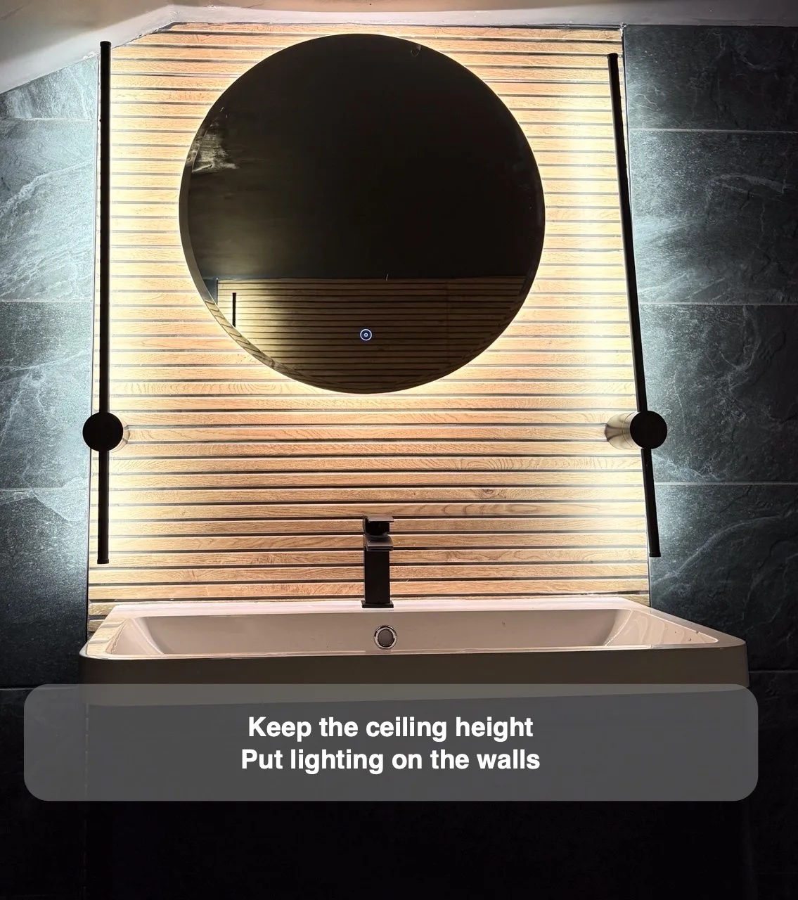 Light a low-ceiling bathroom without lowering it further — completed bathroom project with benefit callouts