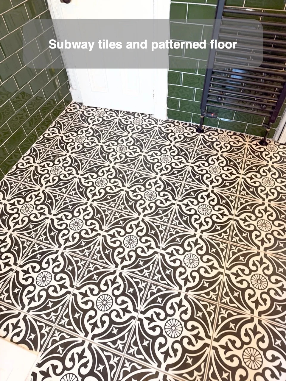 Subway tiles and patterned floor