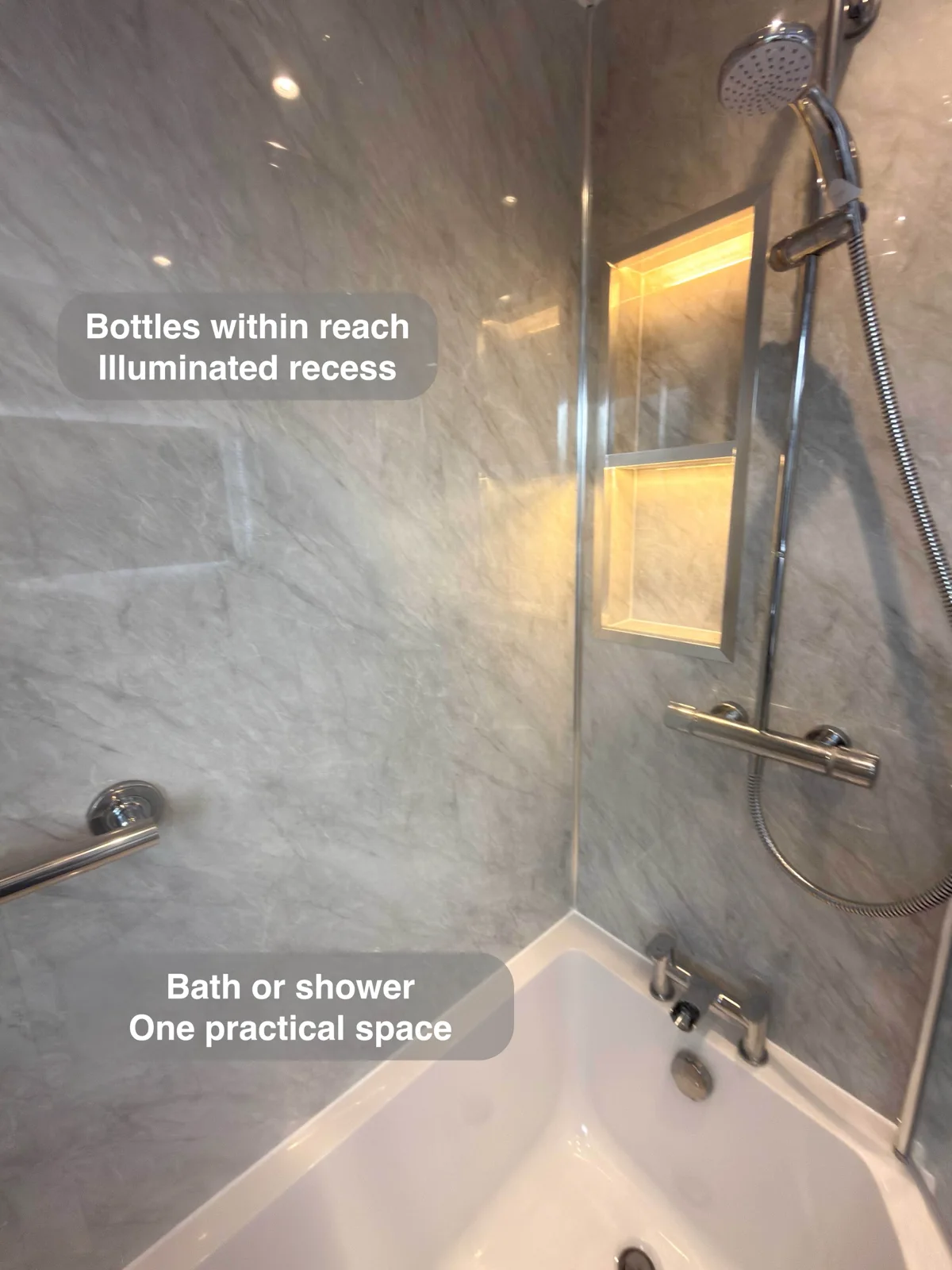Aberdeen bathroom: bath and shower illuminated recess