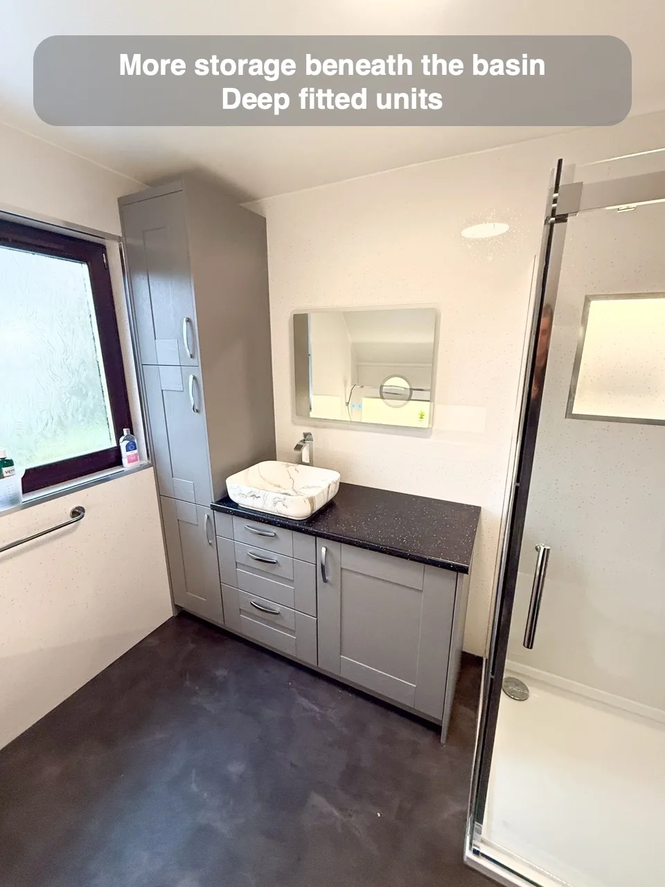 More storage beneath the basin — Deep fitted units