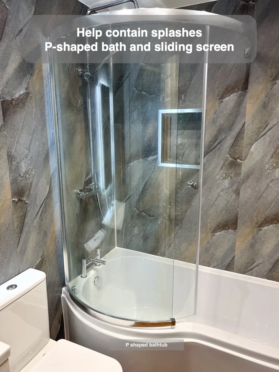 Help contain splashes — P-shaped bath and sliding screen
