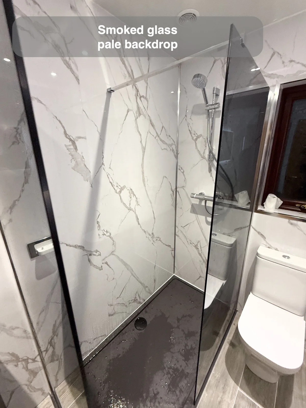 Smoked fixed shower screen beside a dark tray, white toilet and pale walls with grey veining.