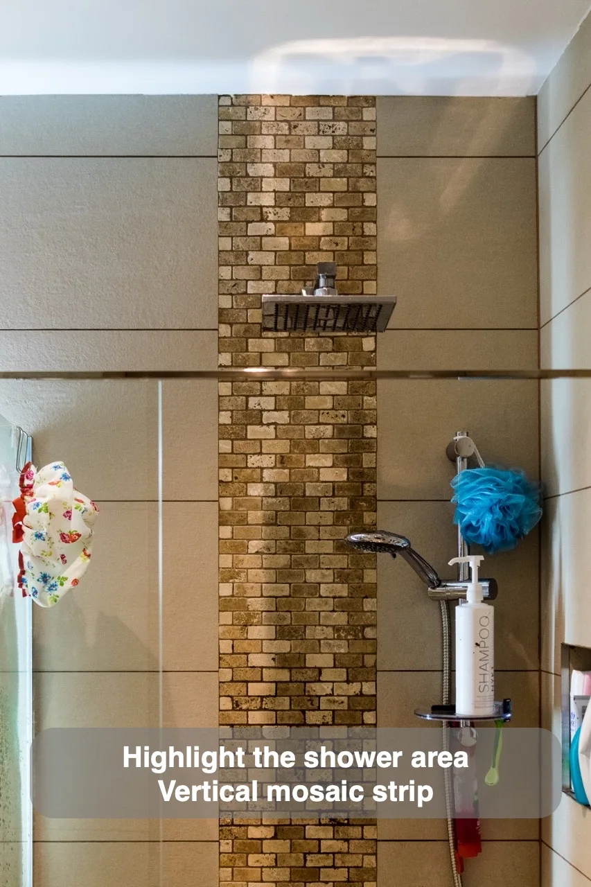 Highlight the shower area — Vertical mosaic strip
