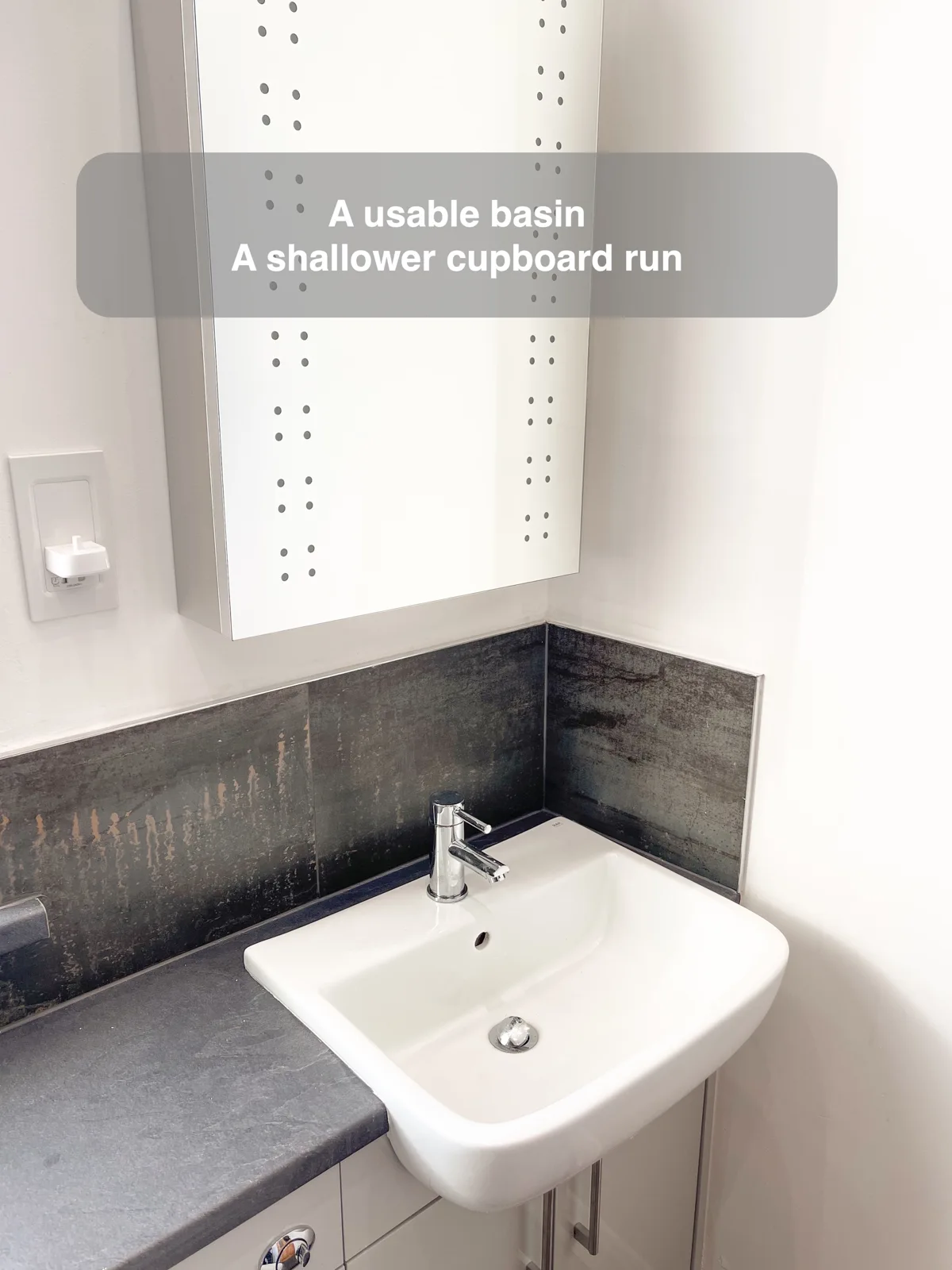 Keep the cupboards shallow without shrinking the basin — completed bathroom project with benefit callouts