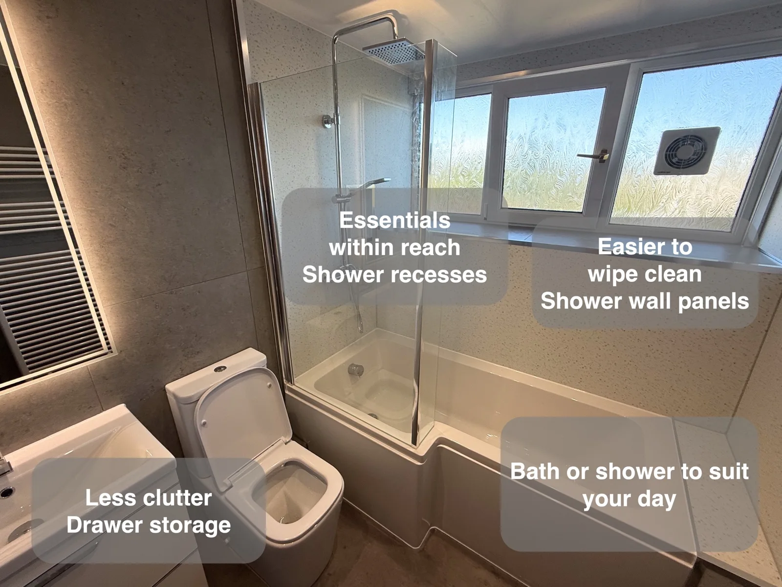 Bathroom overview with bath, shower, toilet and vanity in the completed Aberdeen bathroom, with benefit callouts.