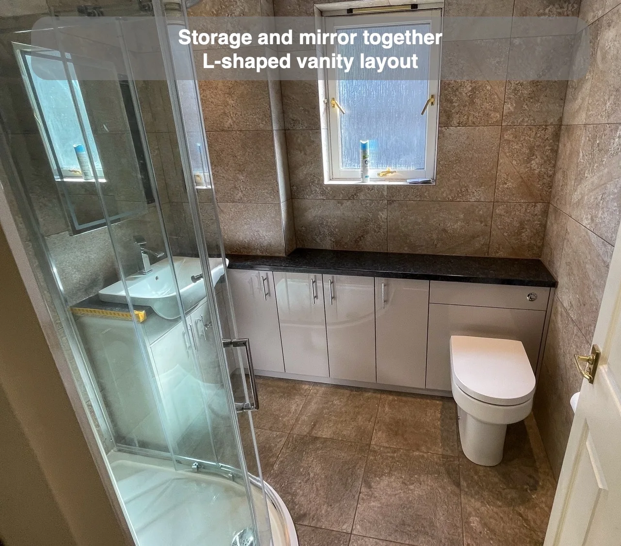 Storage and mirror together — L-shaped vanity layout