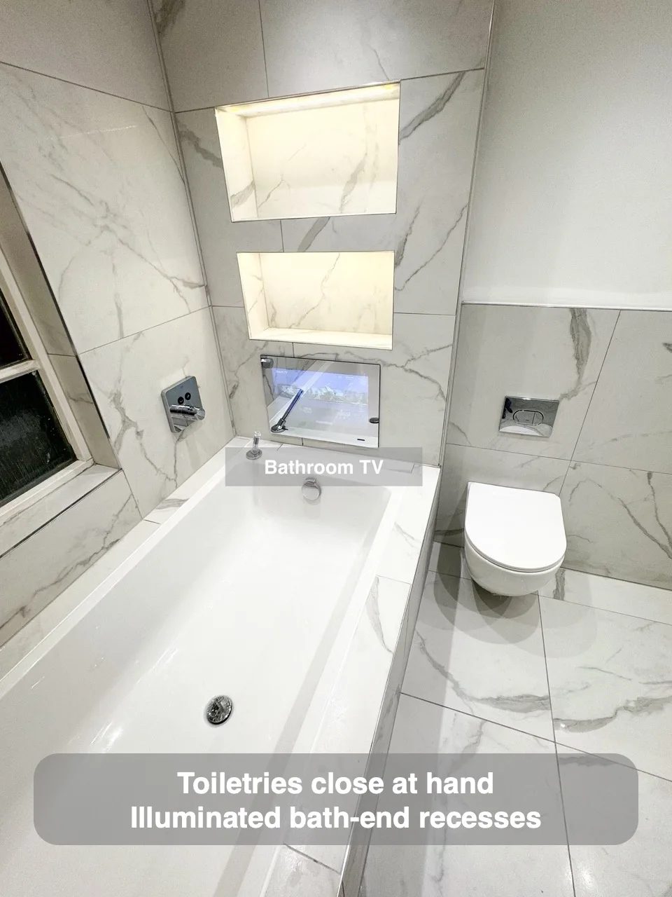 Toiletries close at hand — Illuminated bath-end recesses
