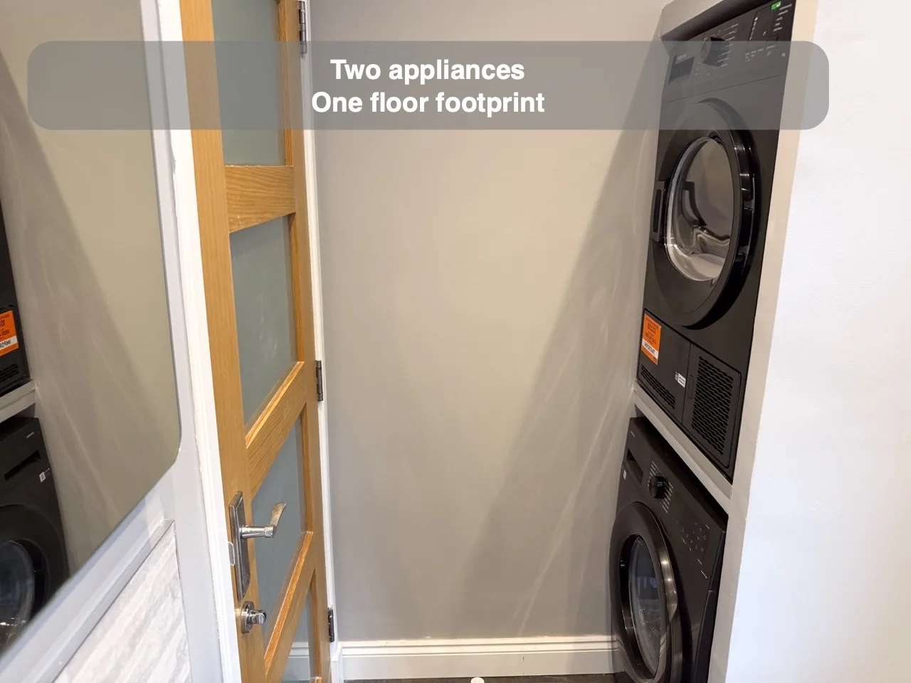 Fit laundry into the bathroom without losing a proper shower — completed bathroom project with benefit callouts