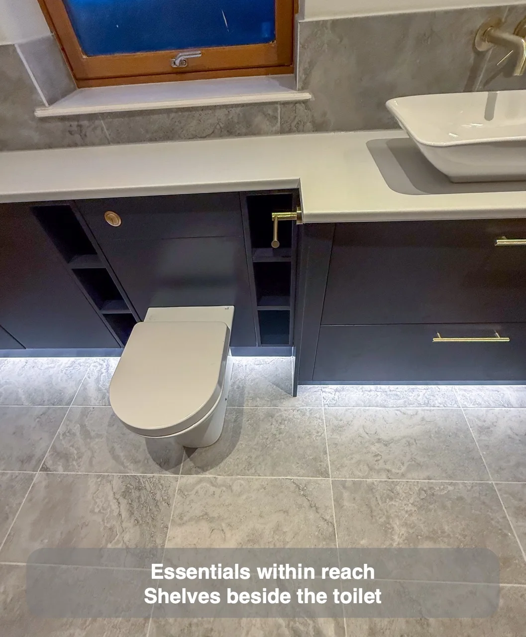 Essentials within reach — Shelves beside the toilet
