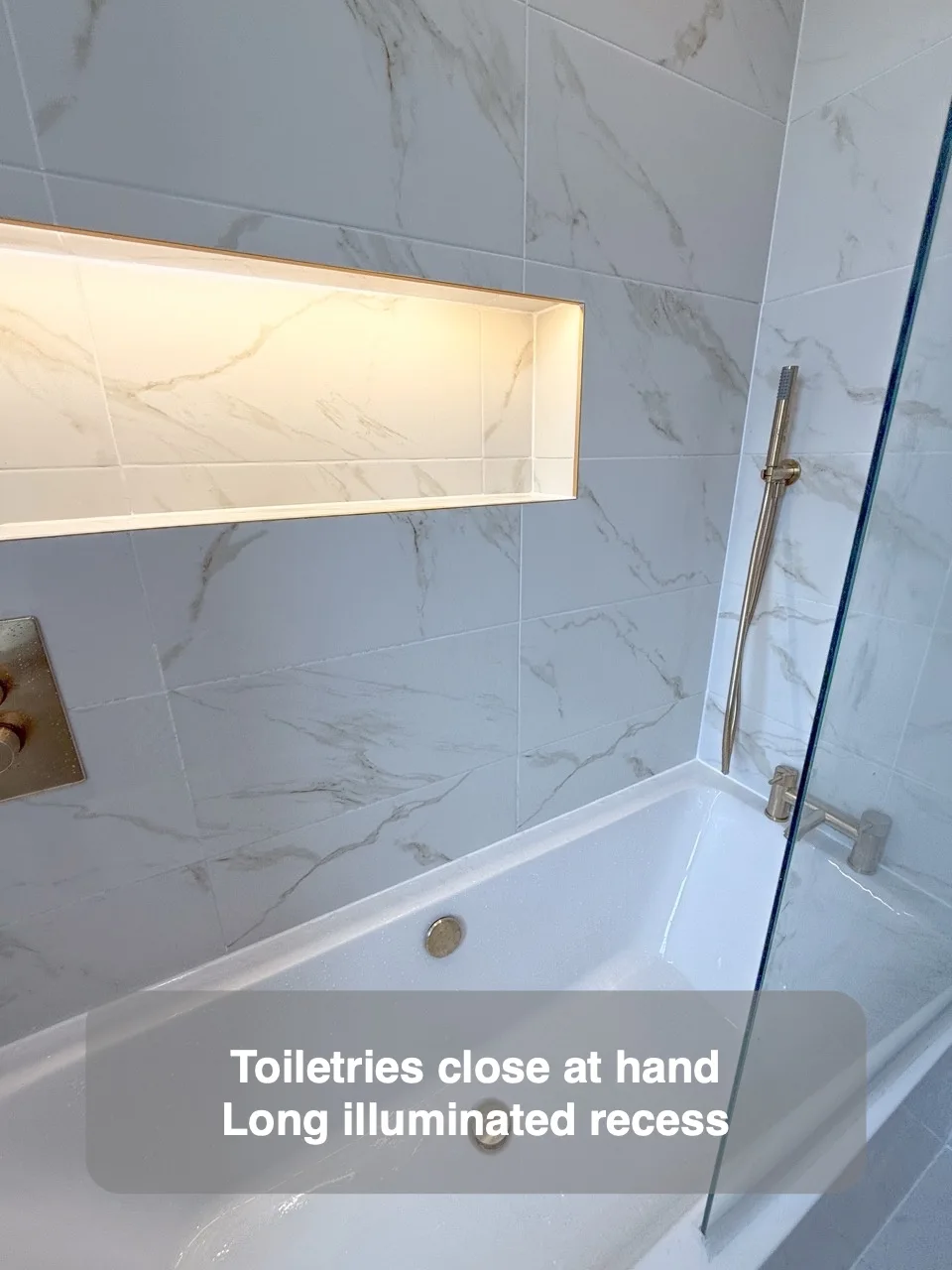 Toiletries close at hand — Long illuminated recess