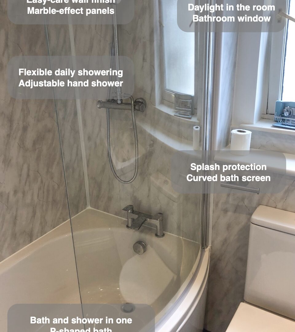 P-shaped bath and shower with practical feature callouts in Ferryhill, Aberdeen