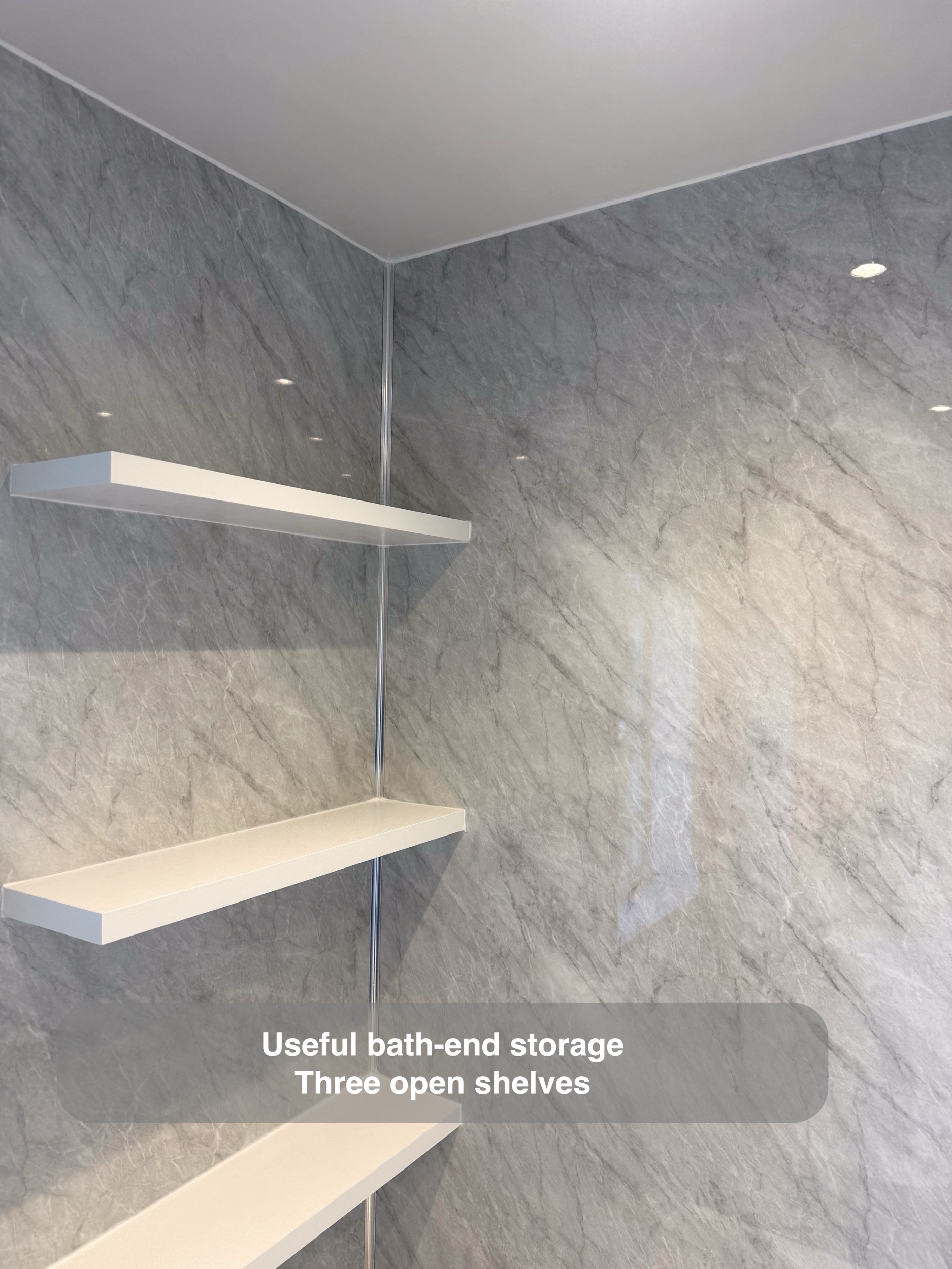Inverurie bathroom: open shelves at the bath end