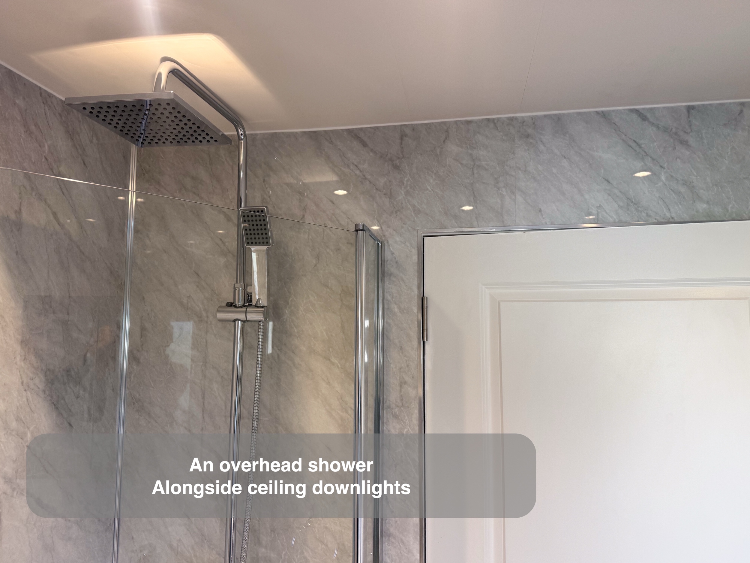 Inverurie bathroom: square shower head and downlights