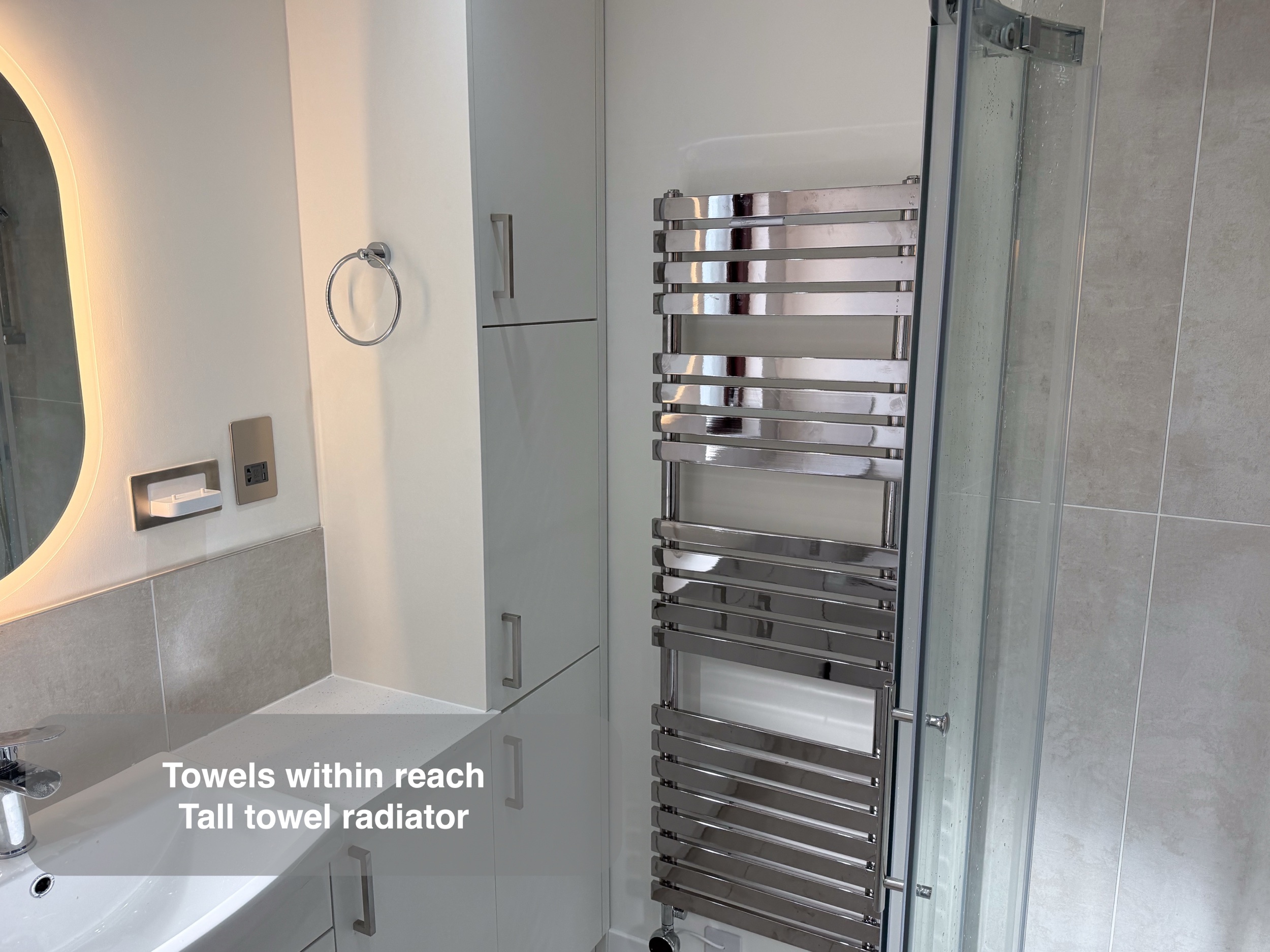 Tall Chrome Towel Radiator in the Kingswells bathroom project