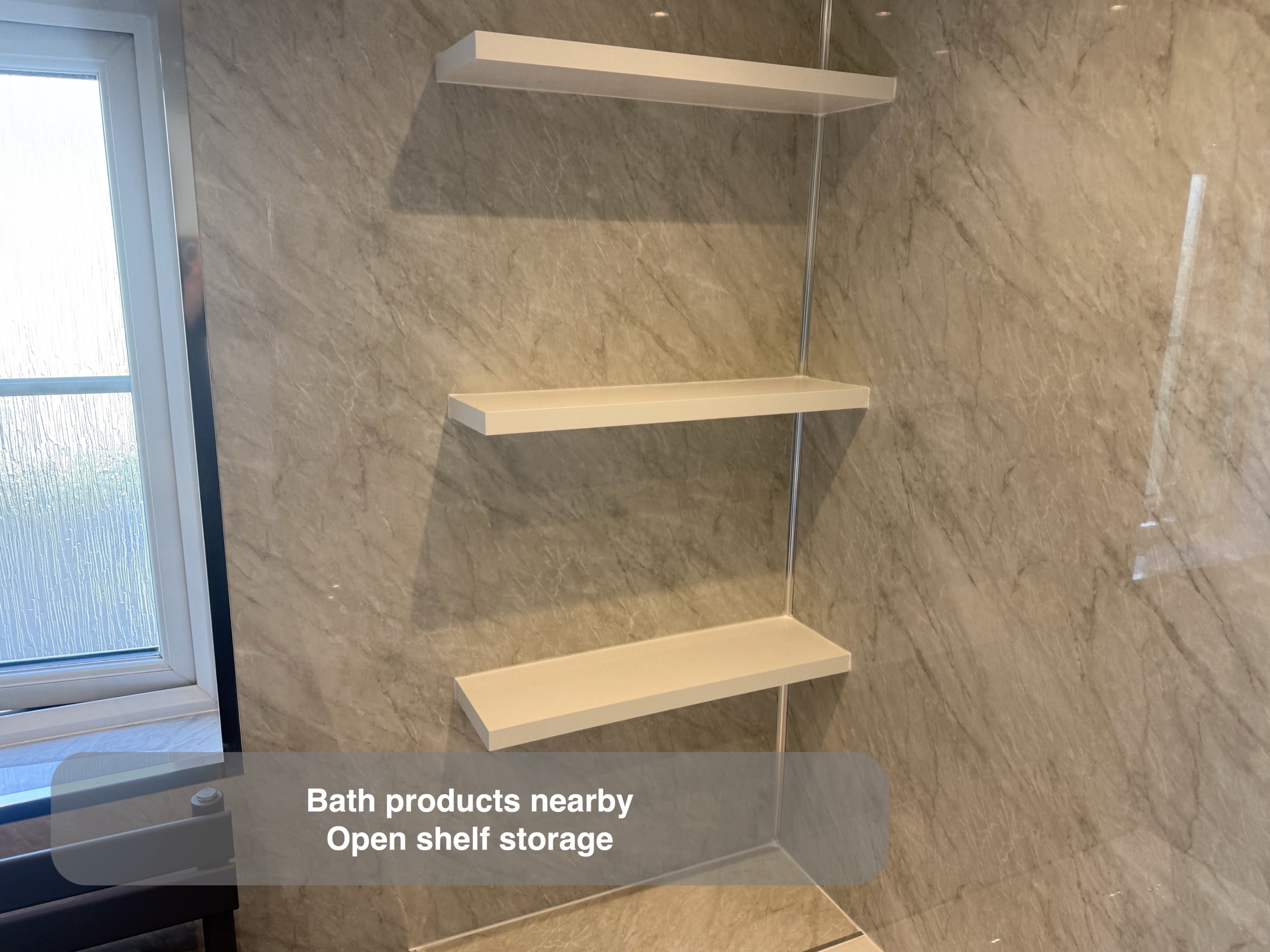 Inverurie bathroom: shelves beside the window