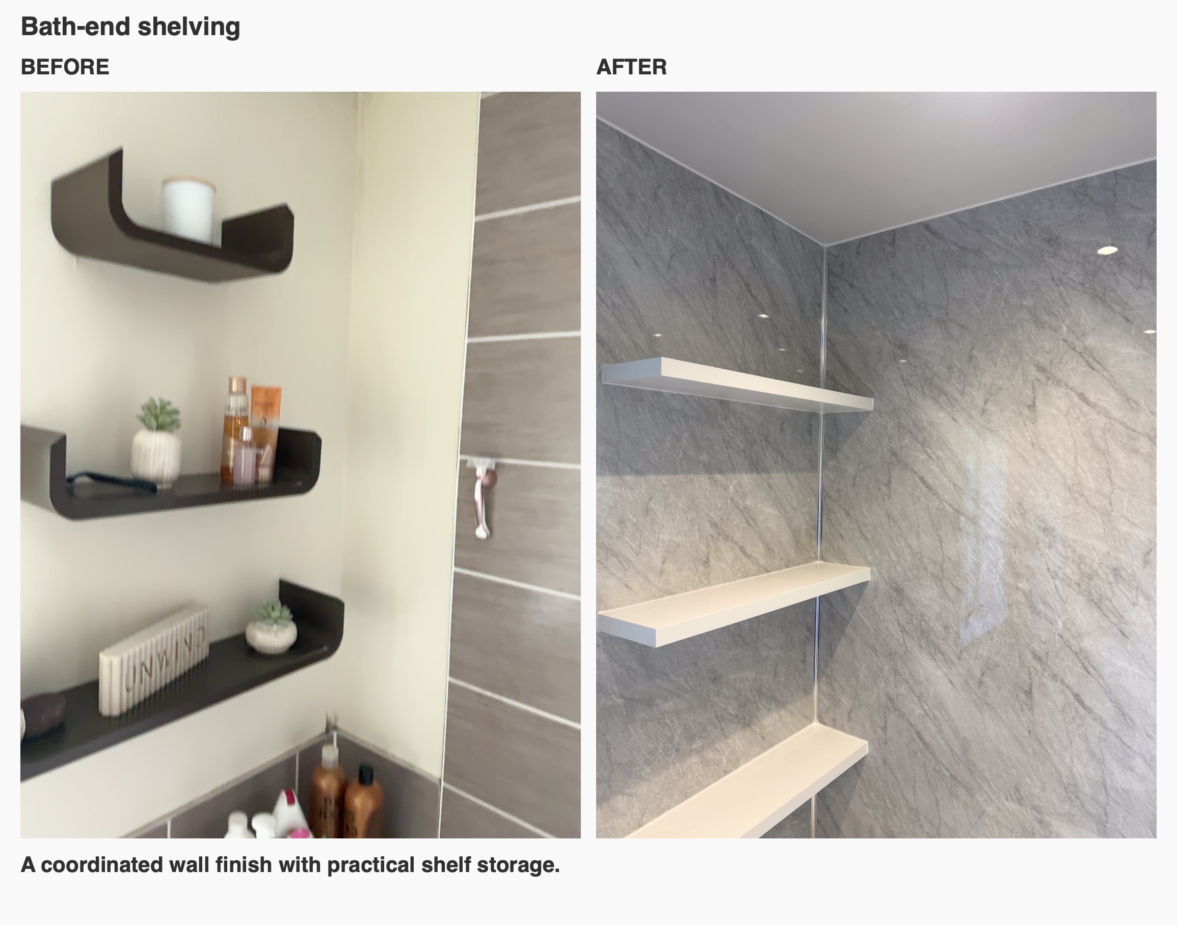 Inverurie bathroom: before and after - bath end shelving