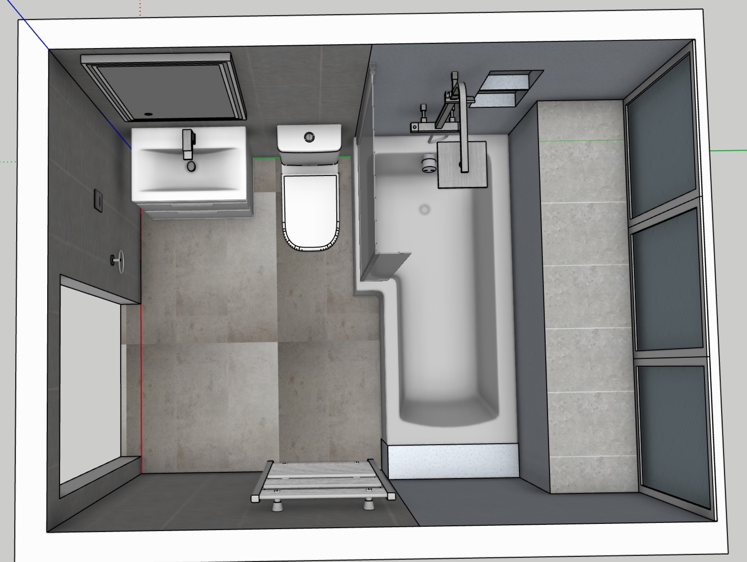Top-view bathroom design showing the bath, vanity, toilet and towel radiator