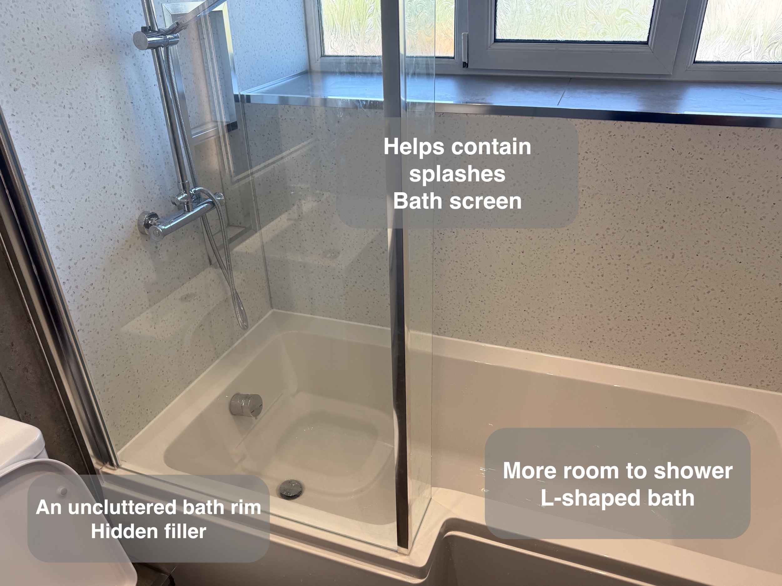 Bath screen and hidden bath filler in the completed Aberdeen bathroom, with benefit callouts.