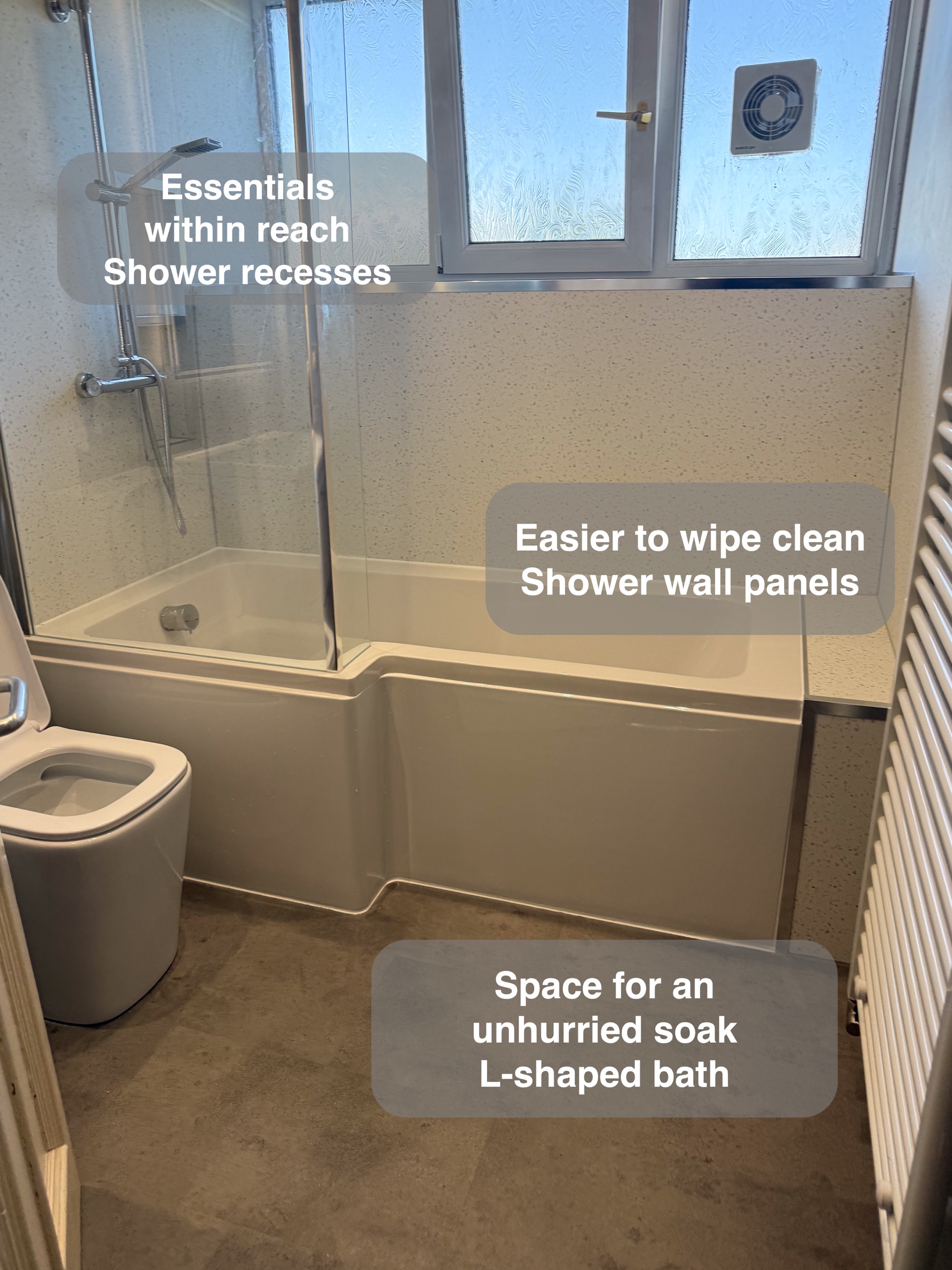 L-shaped bath and easy-clean wall panels in the completed Aberdeen bathroom, with benefit callouts.
