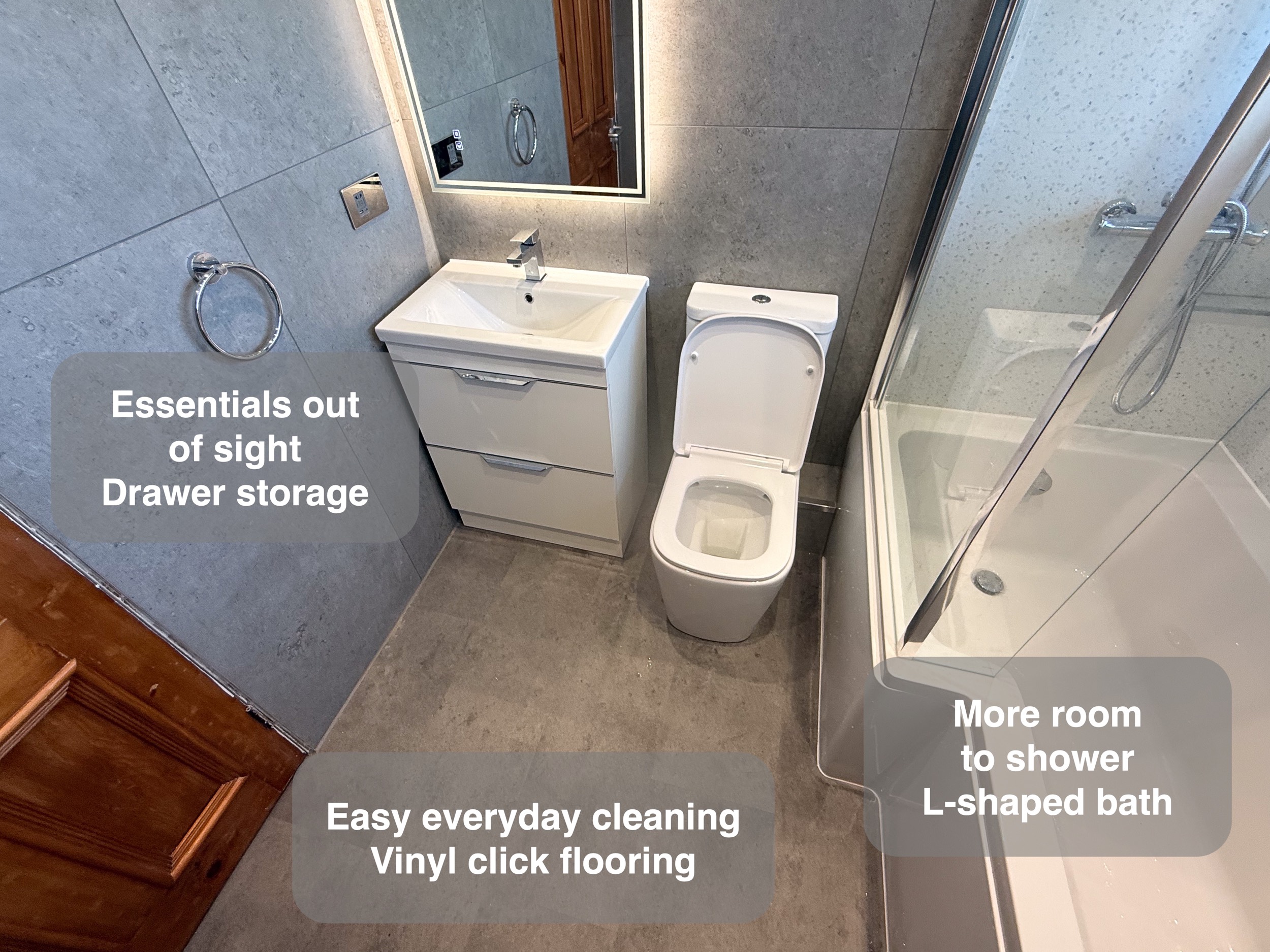 Storage and vinyl click flooring in the completed Aberdeen bathroom, with benefit callouts.