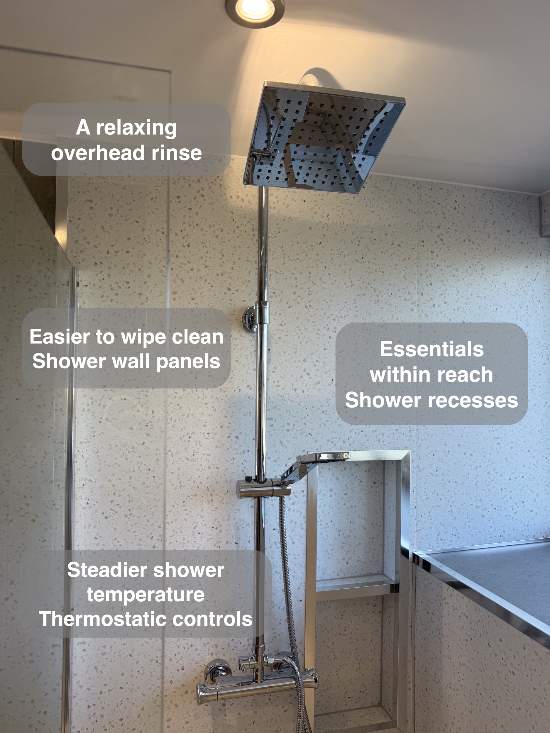 Thermostatic shower and toiletries recesses in the completed Aberdeen bathroom, with benefit callouts.